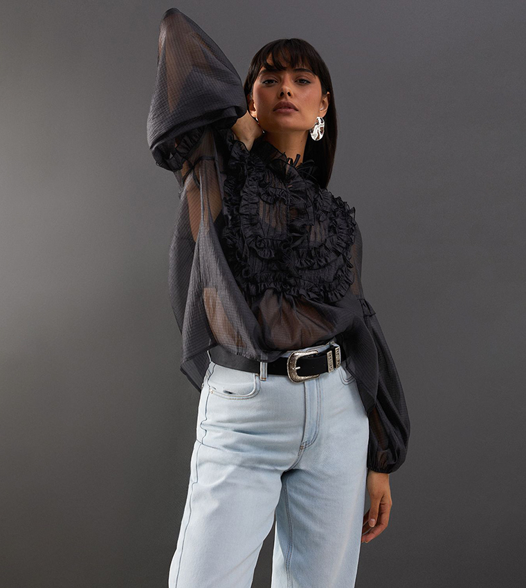 Buy Warehouse Premium Crinkle Striped Organza Frill Pleated Top In