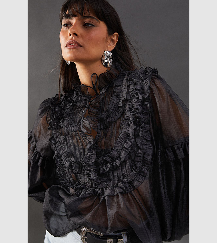 Buy Warehouse Premium Crinkle Striped Organza Frill Pleated Top In