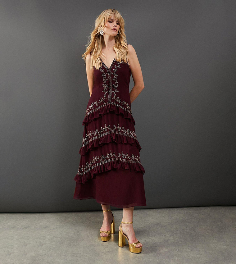 Buy Warehouse Premium Embellished Ruffle Tier Sequin Midi Dress In Burgundy  | 6thStreet Qatar