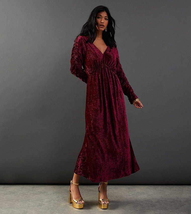 knee length dresses for ladies Brown Batwing Sleeve Vacation Maxi Dress – Pleated Travel Dress Burnt Cinnamon / Xs