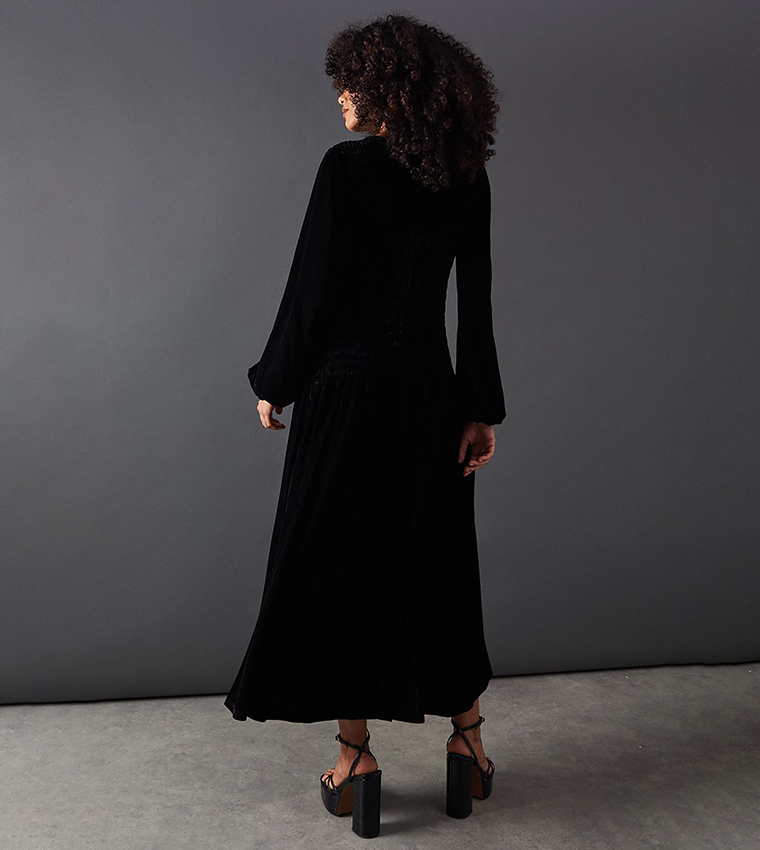 Buy Warehouse Velvet Ruched Puff Sleeves Midaxi Dress In Black