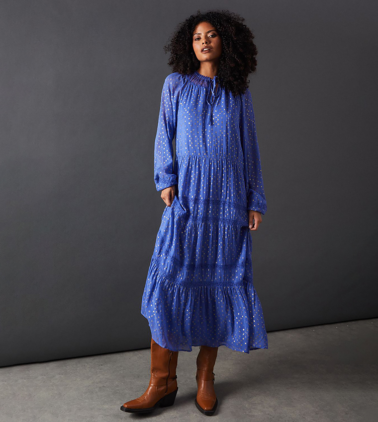 Buy Warehouse Metallic Jacquard Dobby Lace Insert Midi Dress In