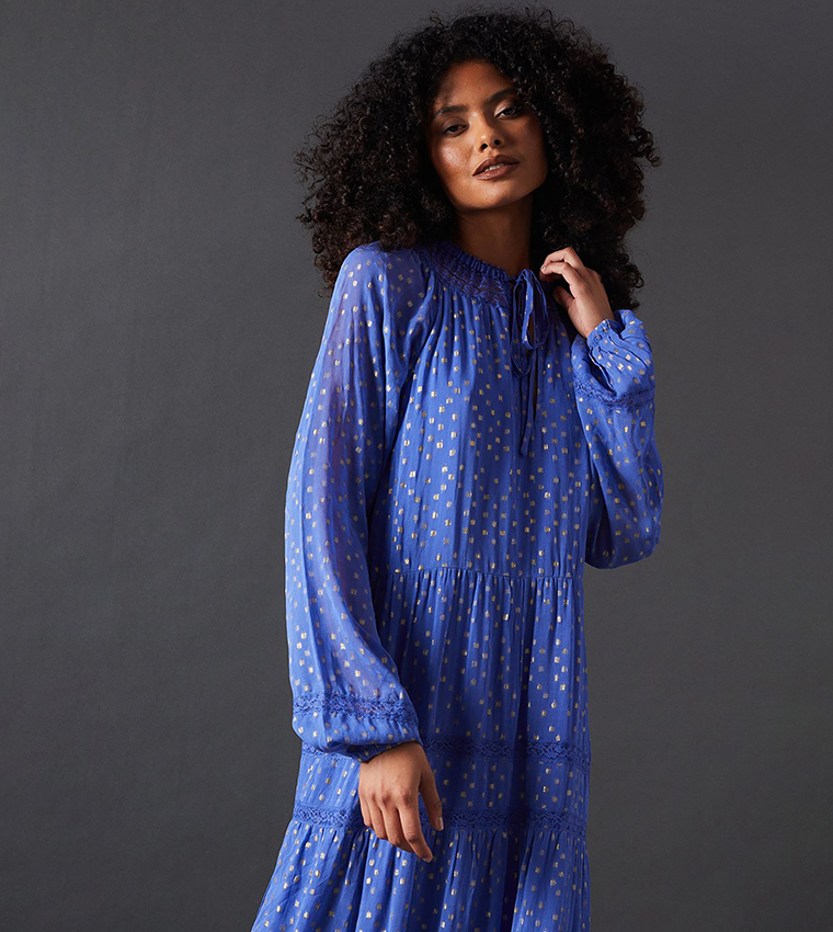 Warehouse Blue Midi Lace Dress Buy Warehouse Metallic Jacquard
