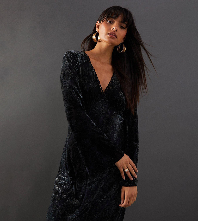 Warehouse Black Velvet Midi Dress Buy Warehouse Velvet Plunge Neck