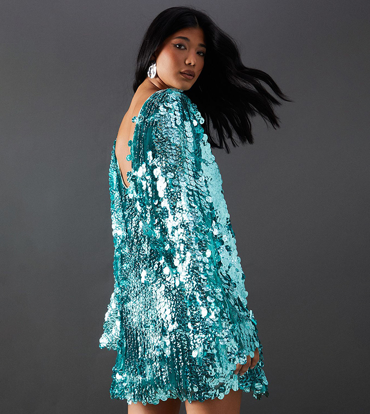 Premium Holographic Sequin Slash Neck Mini Dress