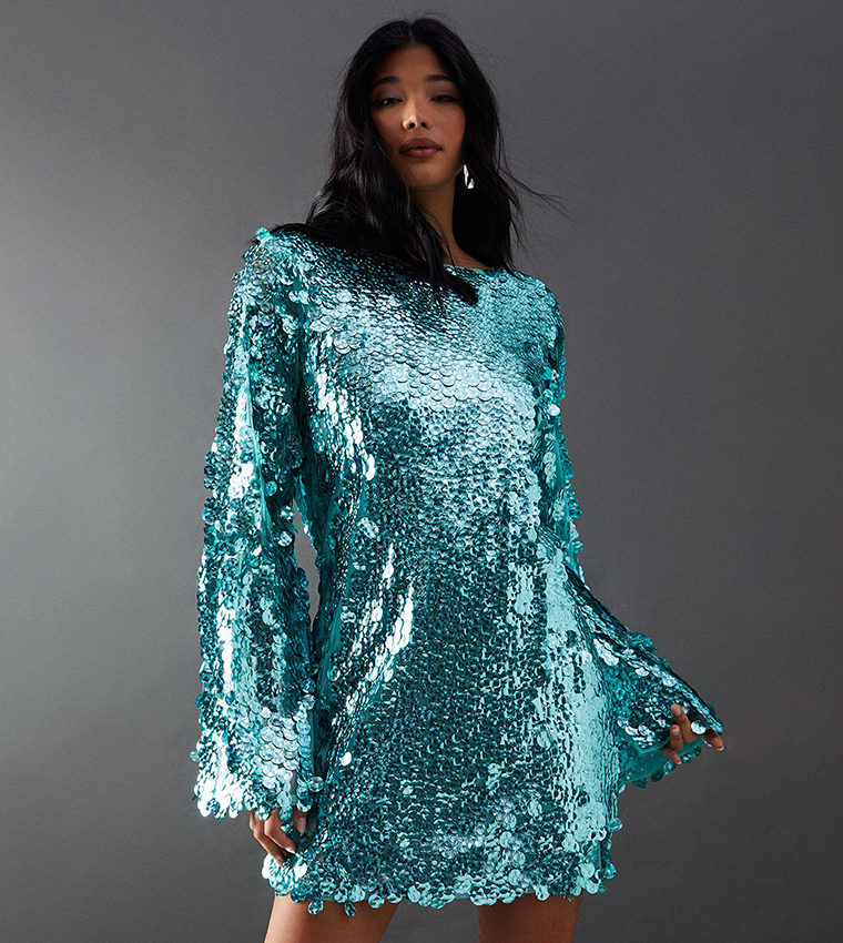 Premium Holographic Sequin Slash Neck Mini Dress