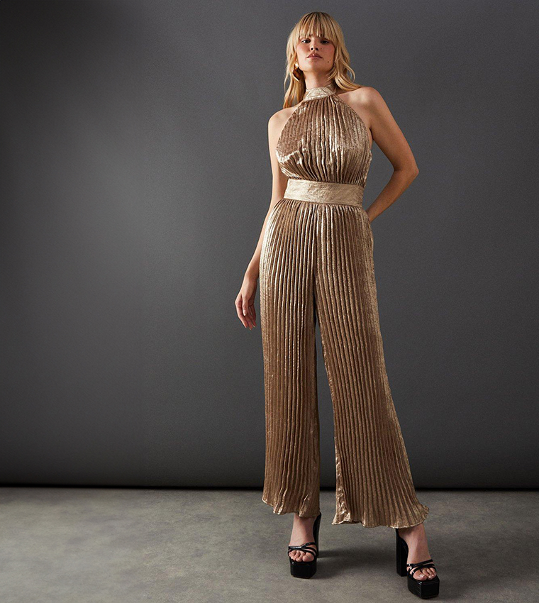 Golden Red Metallic Mesh Crinkle Jumpsuit