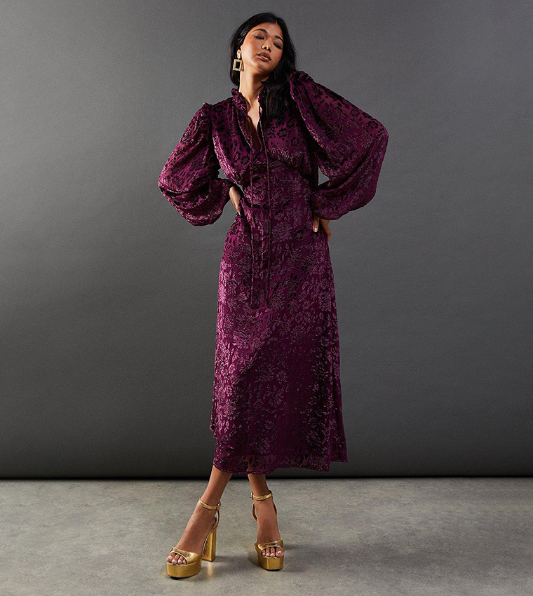 warehouse purple dress Buy Warehouse Burnout Devore Frill Shoulder Tie Front Midi Dress In Purple