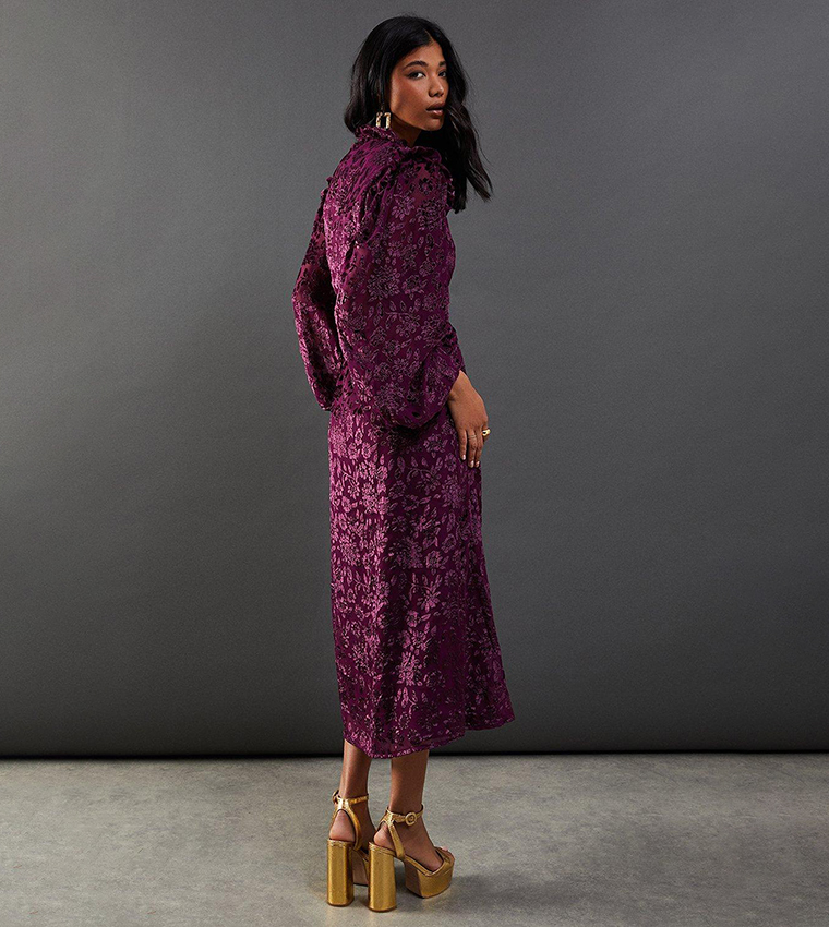 Buy Warehouse Burnout Devore Frill Shoulder Tie Front Midi Dress In Purple 6thStreet Qatar