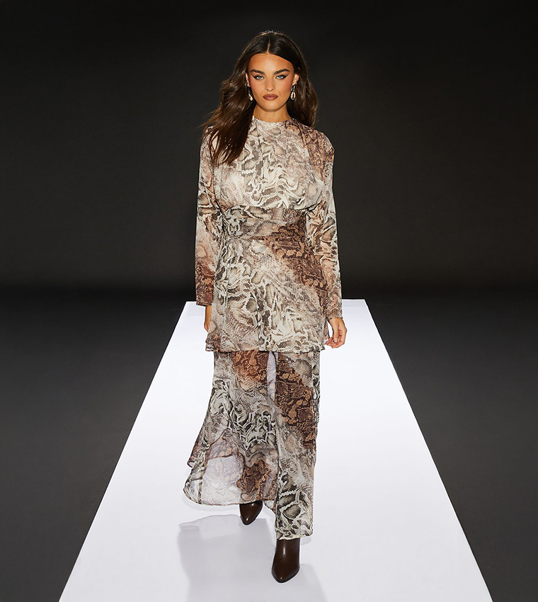 Runway Snake Print Bodice Sheer Skirt Maxi Dress