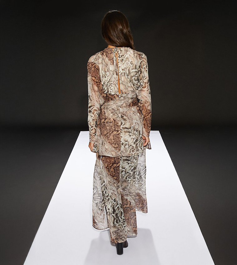 Runway Snake Print Bodice Sheer Skirt Maxi Dress