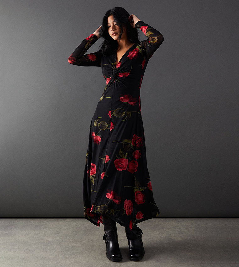 Buy Warehouse Floral Print V Neck Hanky Hem Midaxi Dress In Black