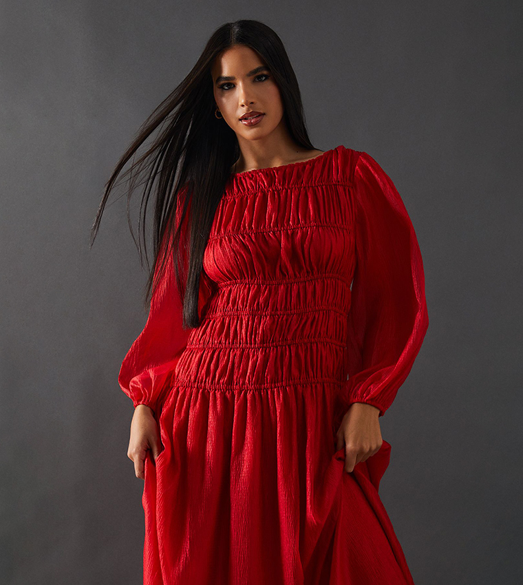 Buy Warehouse Shirred Chiffon Panel Bodice Midi Dress In Red