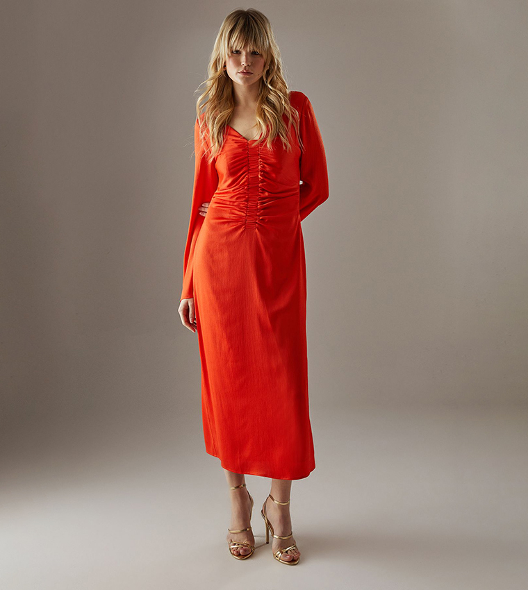 Long Sleeves Crinkle Satin Midi Dress