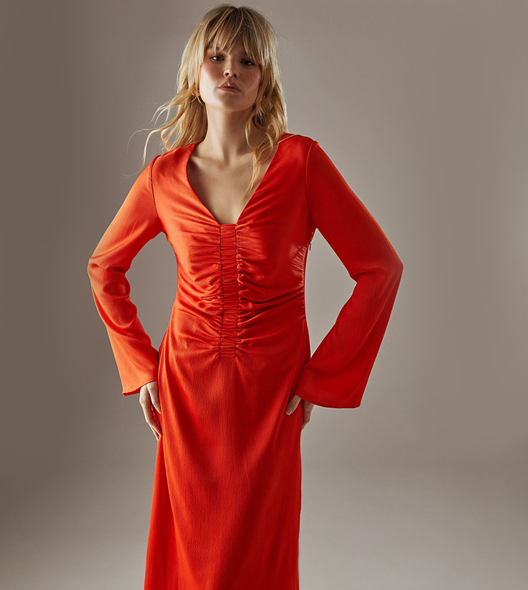 Long Sleeves Crinkle Satin Midi Dress