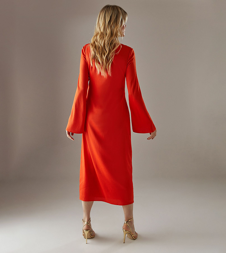 Long Sleeves Crinkle Satin Midi Dress