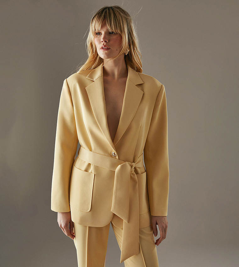Buy Warehouse Belted Long Sleeves Oversized Blazer In Yellow