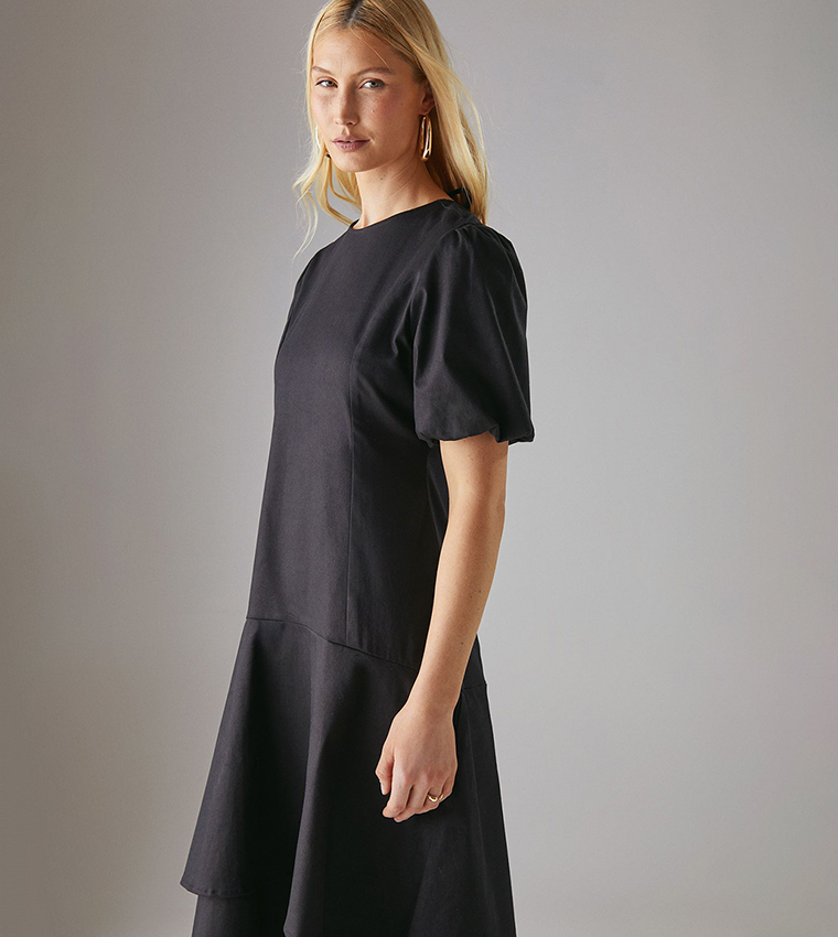Buy Warehouse Twill Puff Sleeves Ruffle Hem Midi Dress In Black
