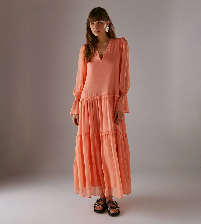 Premium Raw Edge Georgette Tiered Maxi Dress