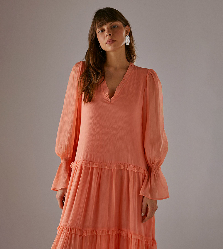 Premium Raw Edge Georgette Tiered Maxi Dress