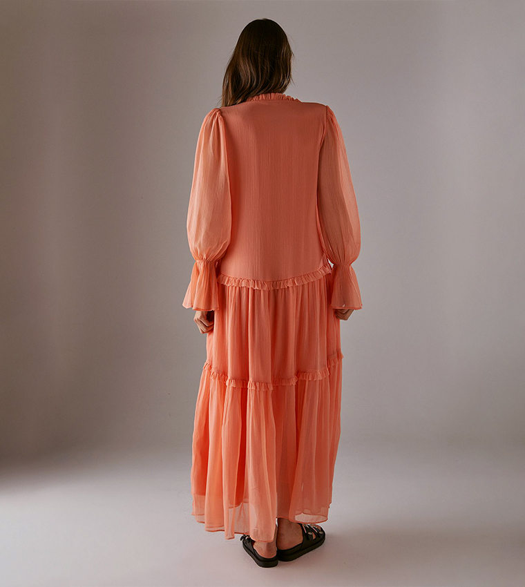 Premium Raw Edge Georgette Tiered Maxi Dress