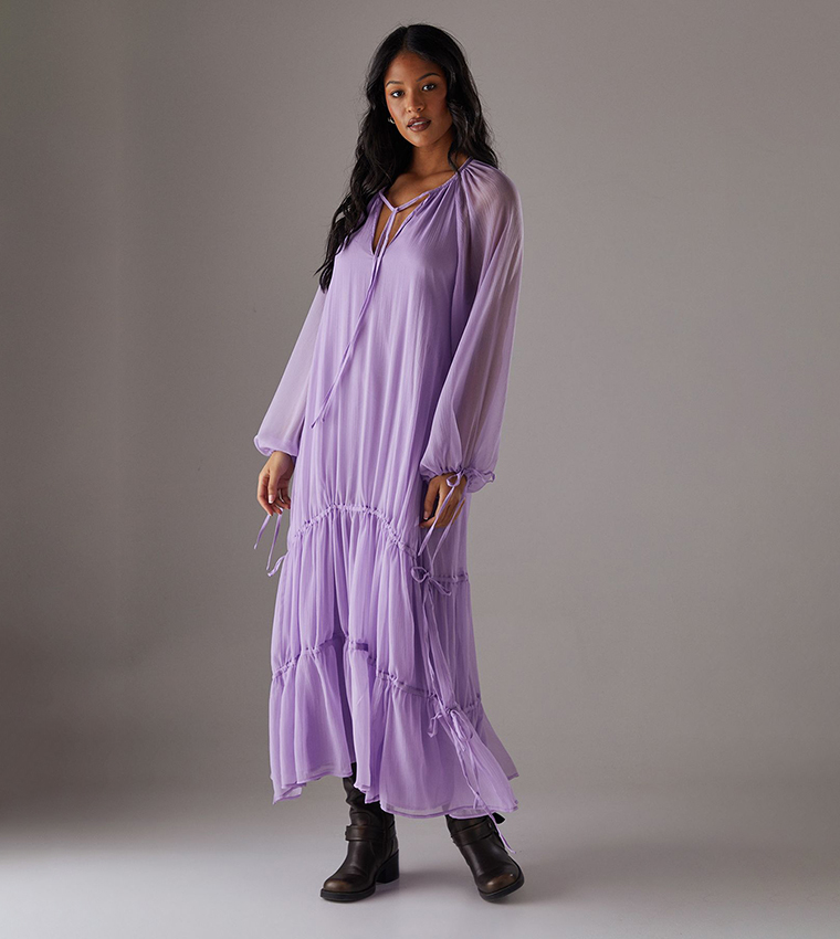 Buy Warehouse Chiffon Drawstring Detail Maxi Smock Dress In Purple 6thStreet Saudi Arabia