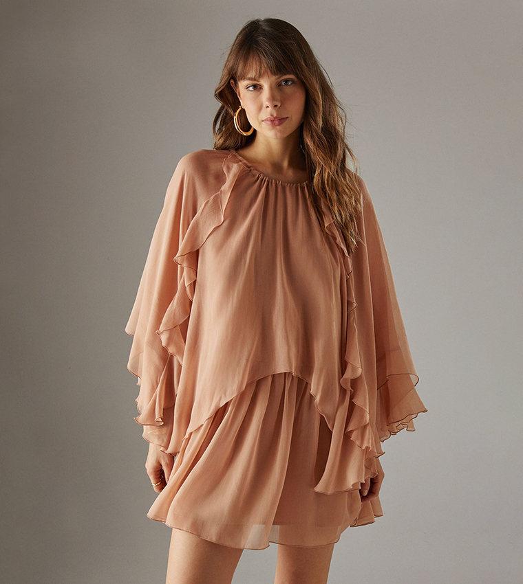 Chiffon Ruffle Flared Sleeves Cape Mini Dress