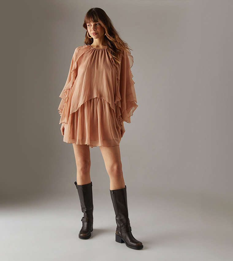 Chiffon Ruffle Flared Sleeves Cape Mini Dress