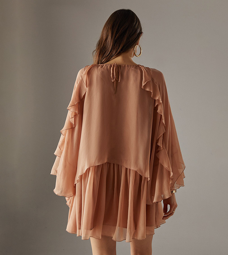 Chiffon Ruffle Flared Sleeves Cape Mini Dress