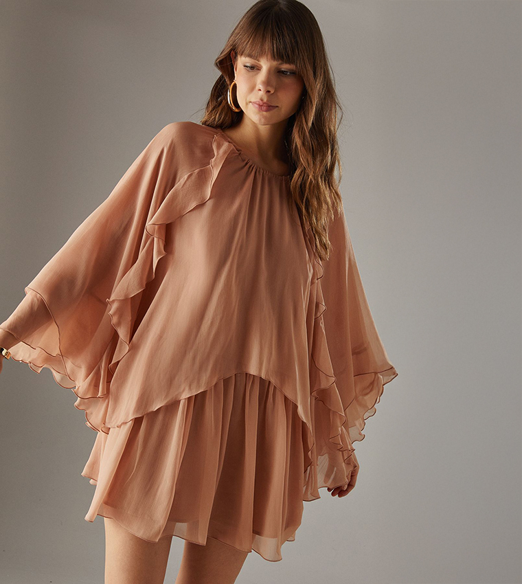 Chiffon Ruffle Flared Sleeves Cape Mini Dress