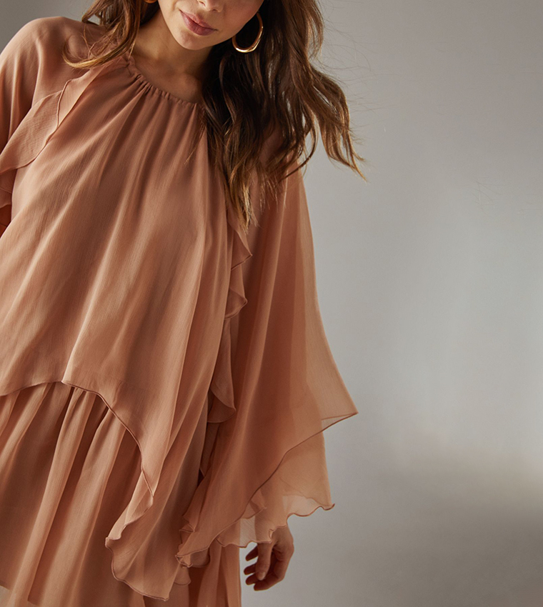 Chiffon Ruffle Flared Sleeves Cape Mini Dress