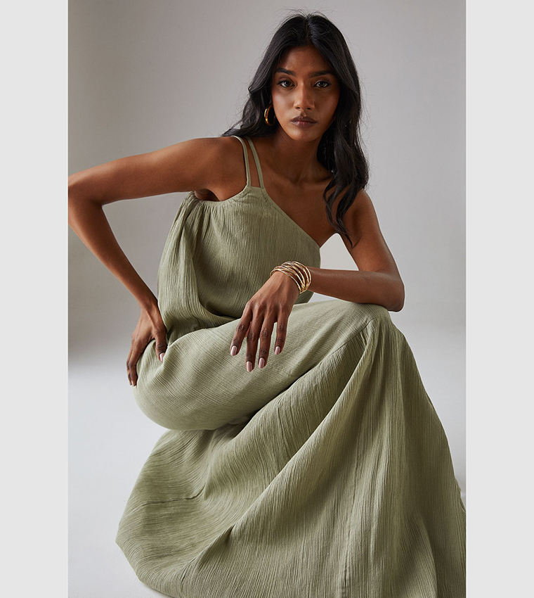 Cheesecloth Double Strap One Shoulder Maxi Sundress