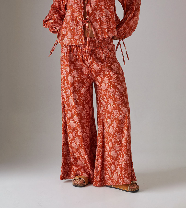 Cheesecloth Shirred Waist Wide Leg Trousers