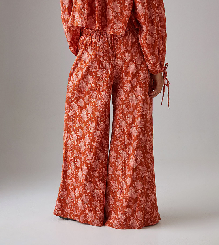 Cheesecloth Shirred Waist Wide Leg Trousers
