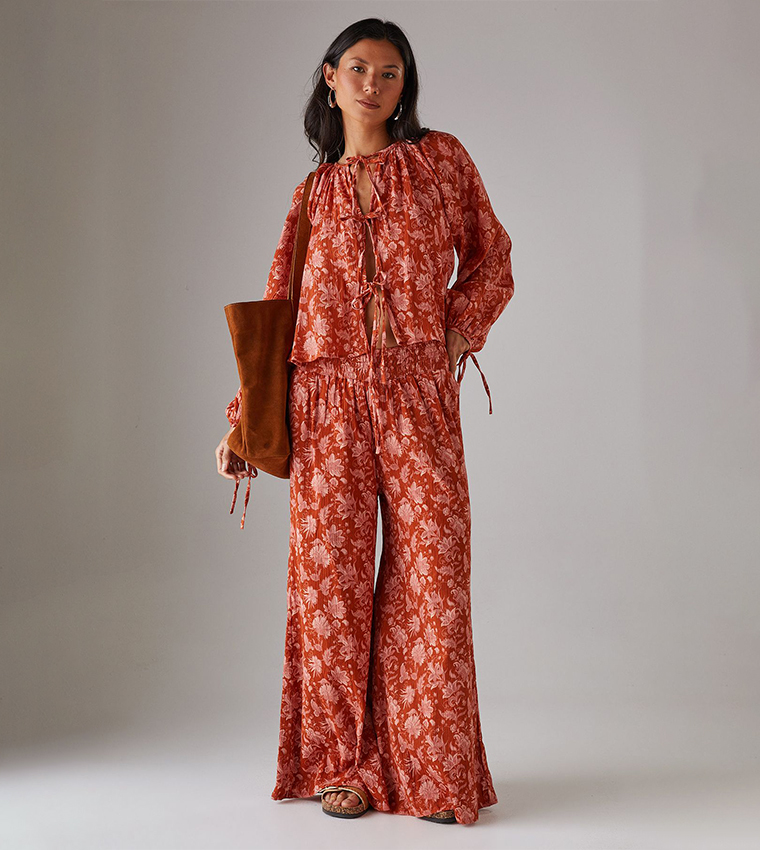 Cheesecloth Shirred Waist Wide Leg Trousers