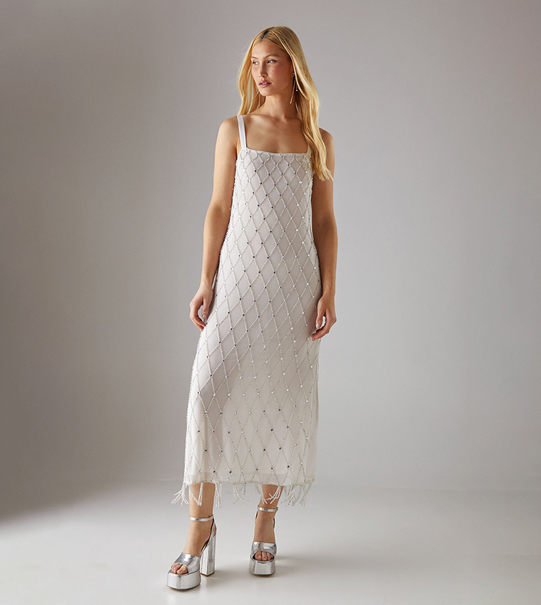 Strappy Sequined Fringe Hem Midi Dress