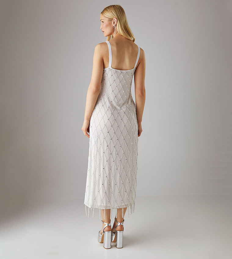 Strappy Sequined Fringe Hem Midi Dress