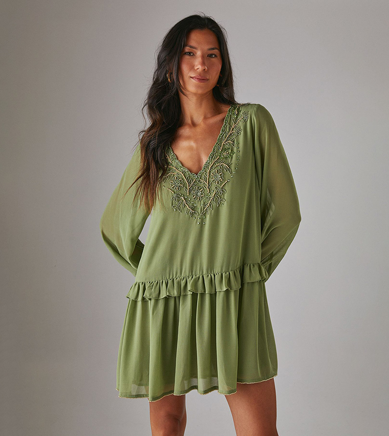 Chiffon Sequined Mini Smock Dress