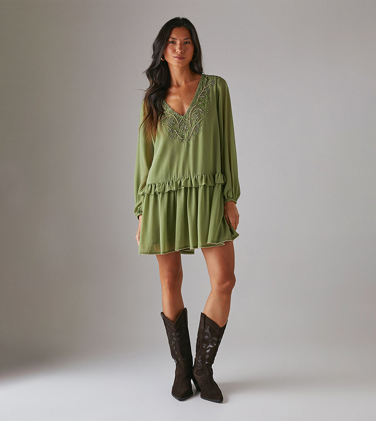 Chiffon Sequined Mini Smock Dress