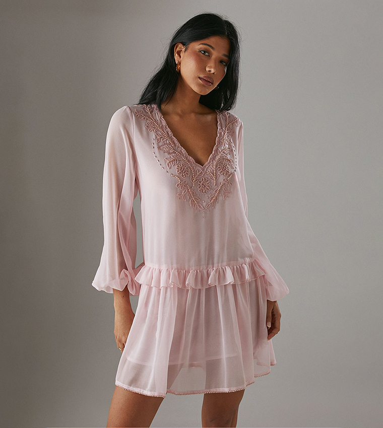 Chiffon Sequined Mini Smock Dress