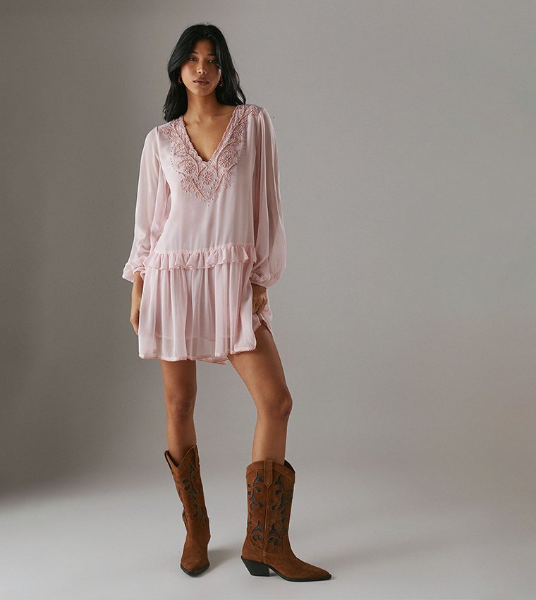 Chiffon Sequined Mini Smock Dress
