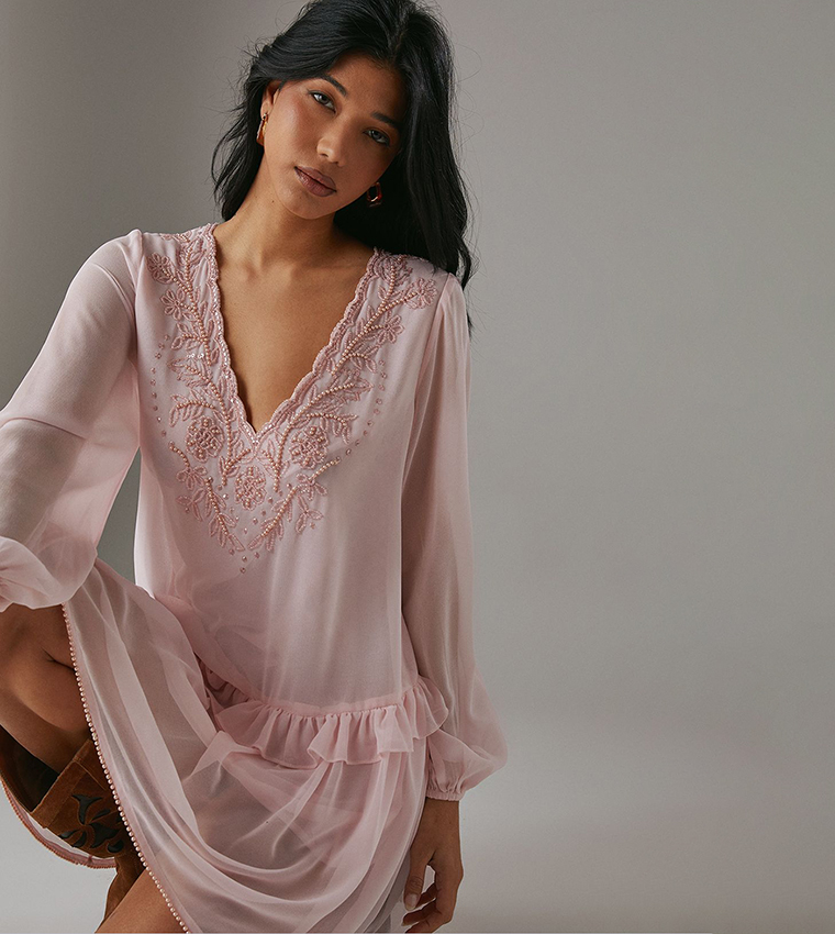 Chiffon Sequined Mini Smock Dress