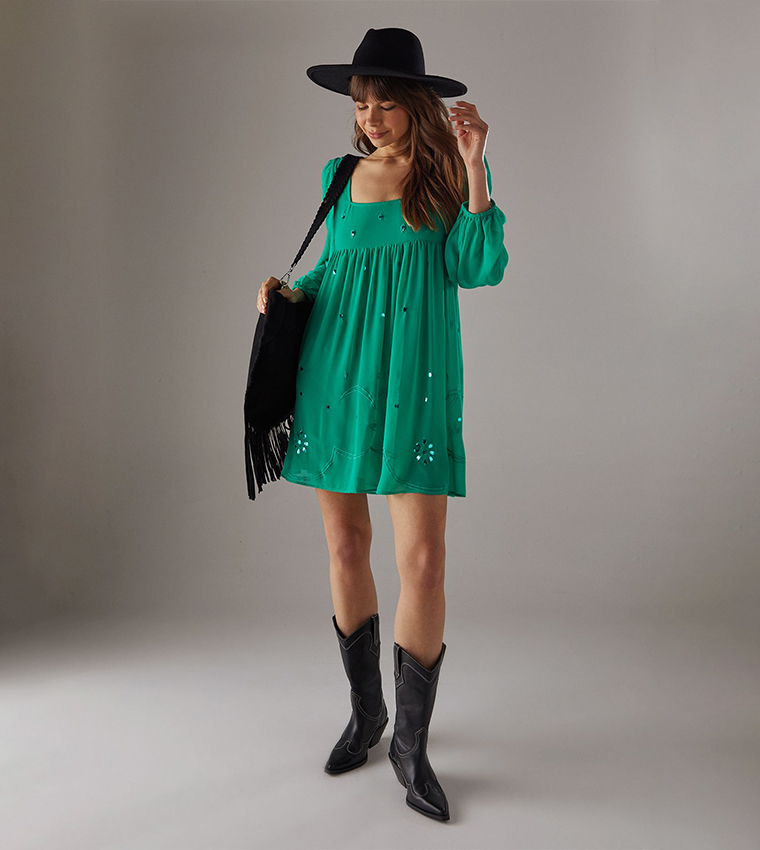 Buy Warehouse Sequin Detail Square Neck Mini Dress In Green | 6thStreet  Kuwait