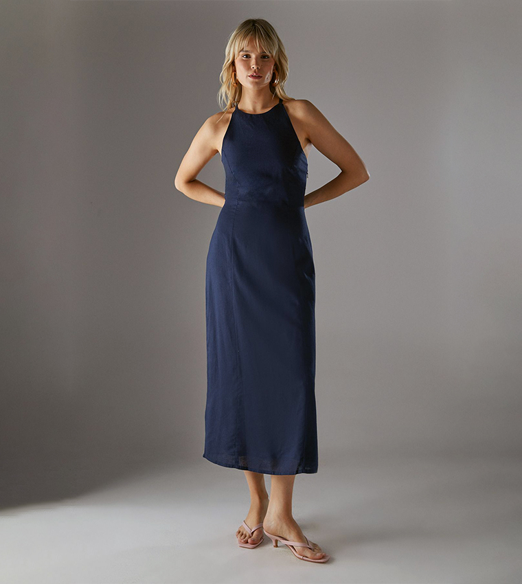 Premium Linen Blend Racer Tie Back Midi Dress