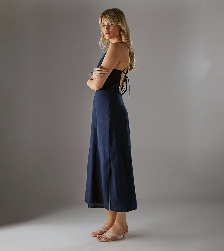 Premium Linen Blend Racer Tie Back Midi Dress