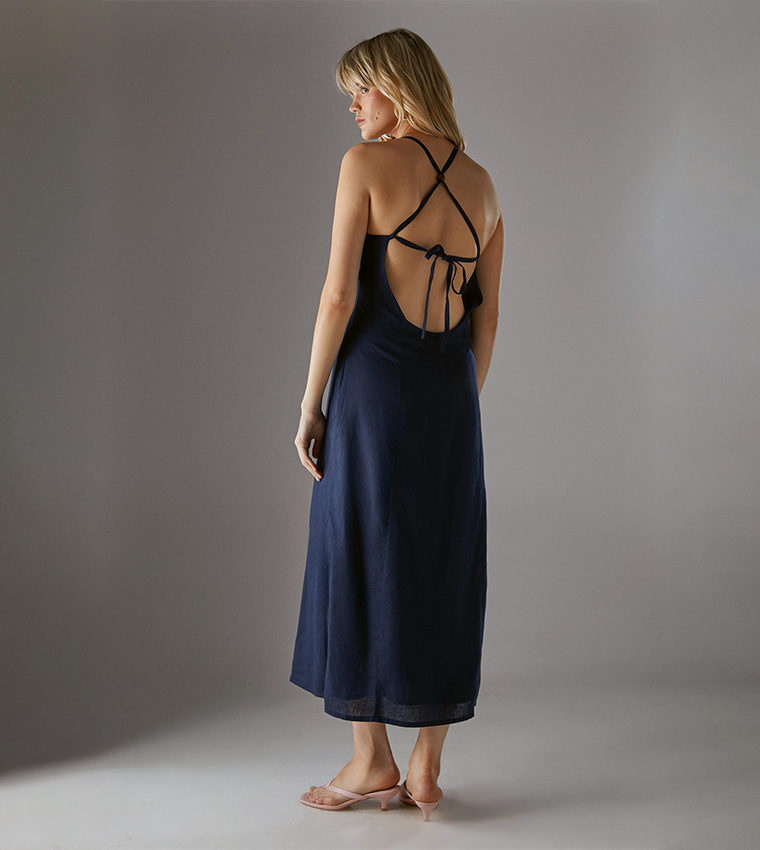 Premium Linen Blend Racer Tie Back Midi Dress