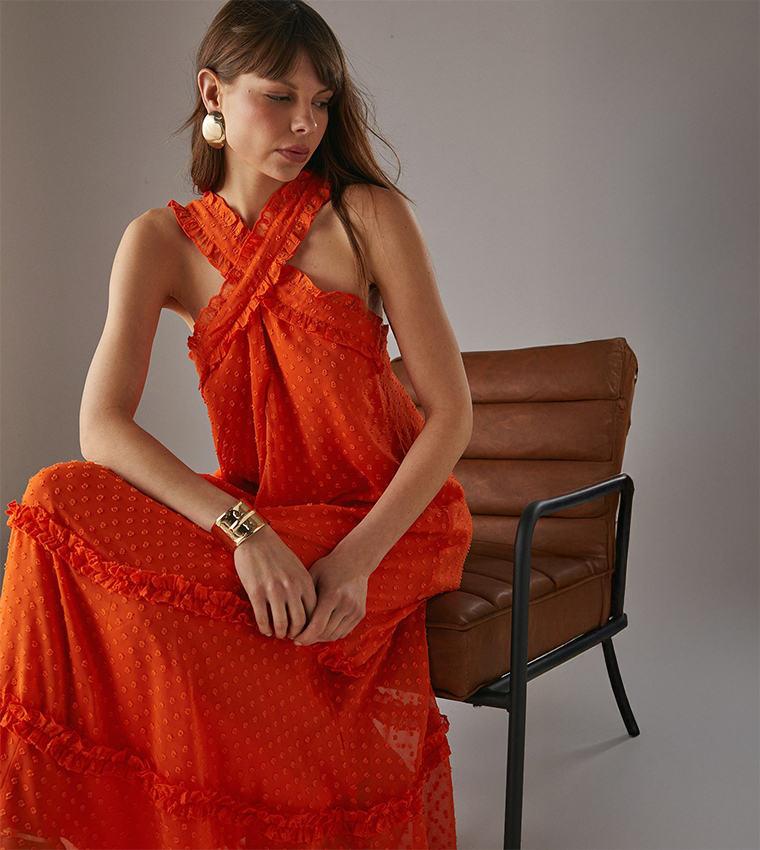 Dobby Chiffon Frill Halterneck Tier Ruffle Maxi Dress