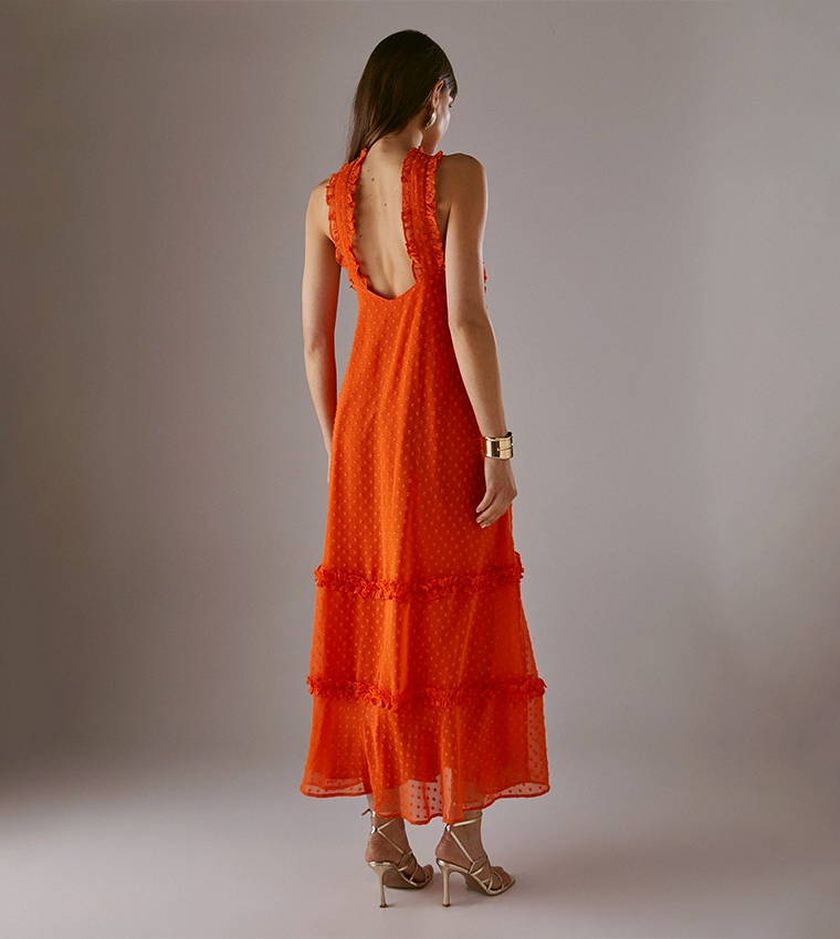 Dobby Chiffon Frill Halterneck Tier Ruffle Maxi Dress