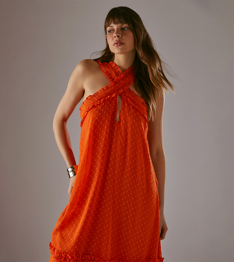 Dobby Chiffon Frill Halterneck Tier Ruffle Maxi Dress