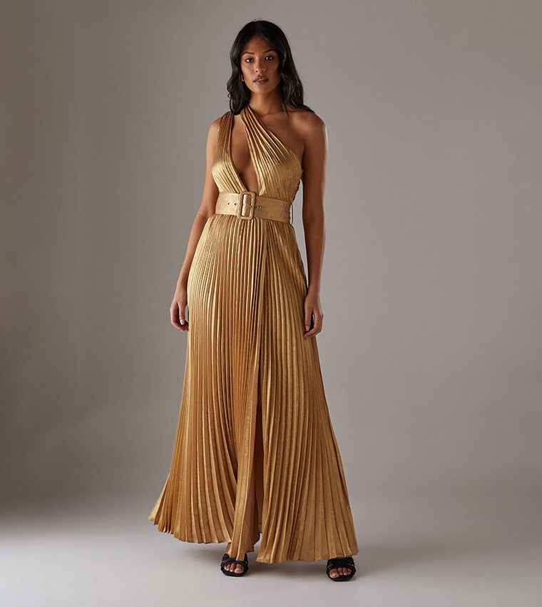 Buy Warehouse Premium One Shoulder Belted Pleated Maxi Dress In